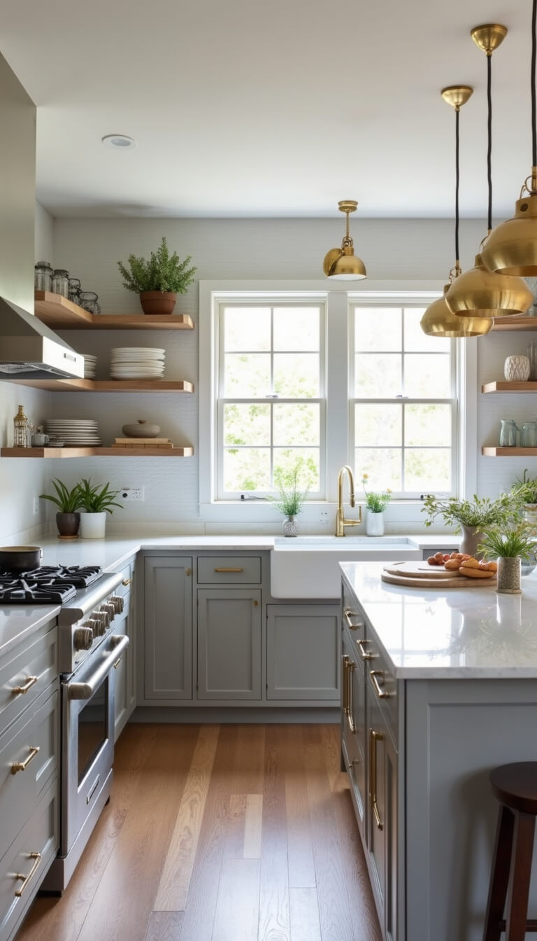 Transitional kitchen with soft grey shaker cabinets, quartz waterfall island, brass pendants, stainless appliances, marble backsplash, open shelving with white pottery, and garden windows over farmhouse sink in morning light.