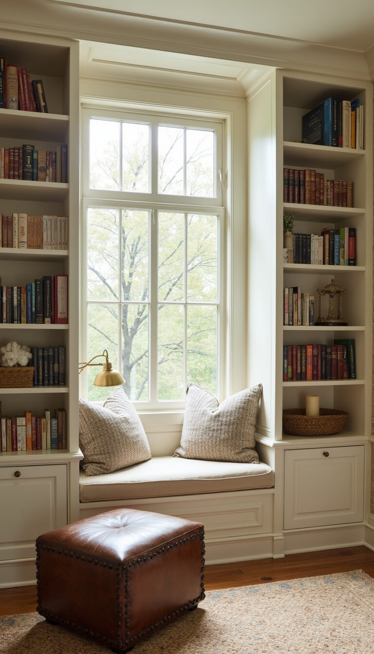 Cozy reading nook with built-in window seat, cream cushions, floor-to-ceiling white bookshelves, leaded glass windows, vintage brass lamp, leather ottoman, and grasscloth wallpaper in late afternoon light.
