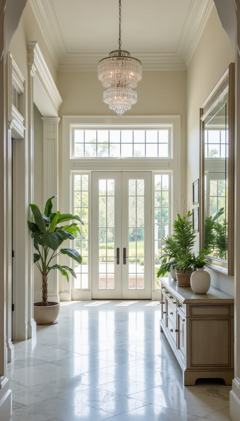 Elegant foyer with herringbone marble floors, classical white millwork, crystal chandelier, mirrored console table, fresh greenery, and large framed mirror reflecting morning light.