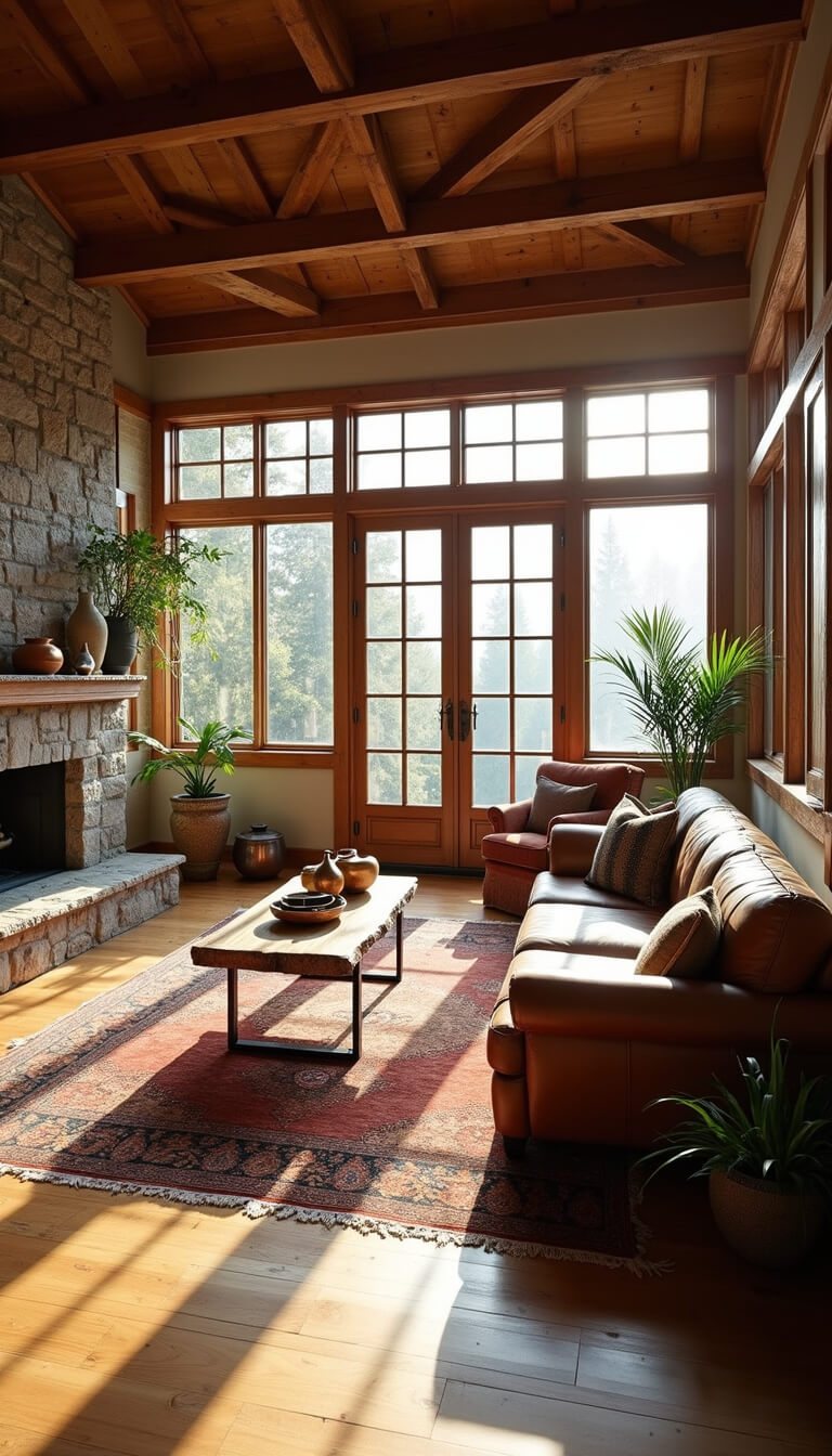 Warm sunlit living room with exposed beams, stone fireplace, leather Chesterfield sofa, Persian rugs, and rustic decor in golden hour light.