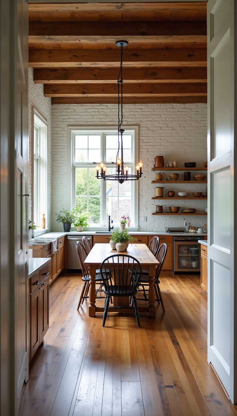 Open-concept kitchen and dining area with whitewashed brick walls, weathered wood ceiling trusses, and a salvaged pine farmhouse table surrounded by mismatched Windsor chairs under an iron Edison bulb chandelier.