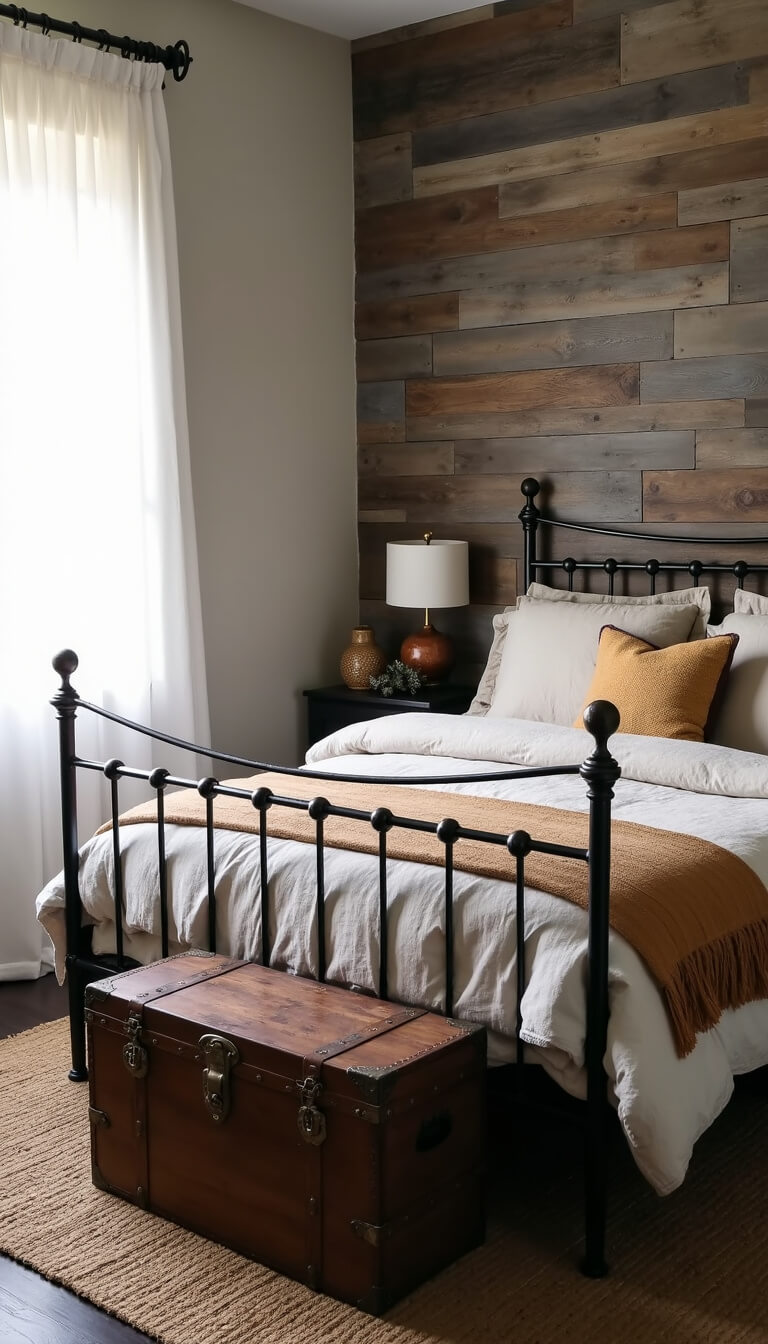 Cozy 14x16ft primary bedroom with reclaimed barn wood accent wall, iron-frame king bed in linen bedding, jute rug layered with vintage Persian runner, antique trunk nightstand, and soft natural light through white curtains.