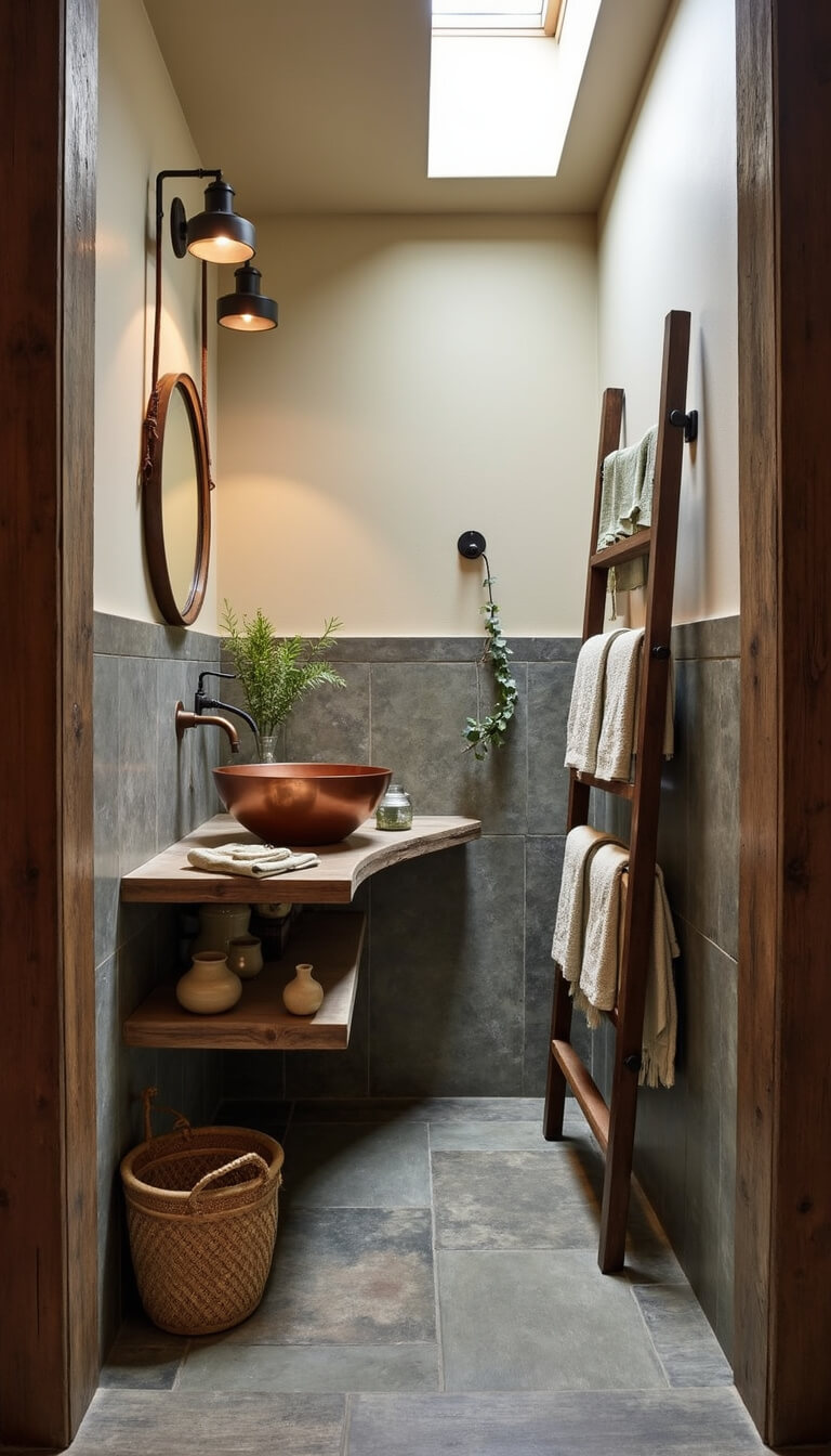 Rustic 8x12ft bathroom with slate tile walls, reclaimed wood vanity, copper sink, bronze fixtures, vintage towel ladder, round leather-hung mirror, skylight, and natural decor.