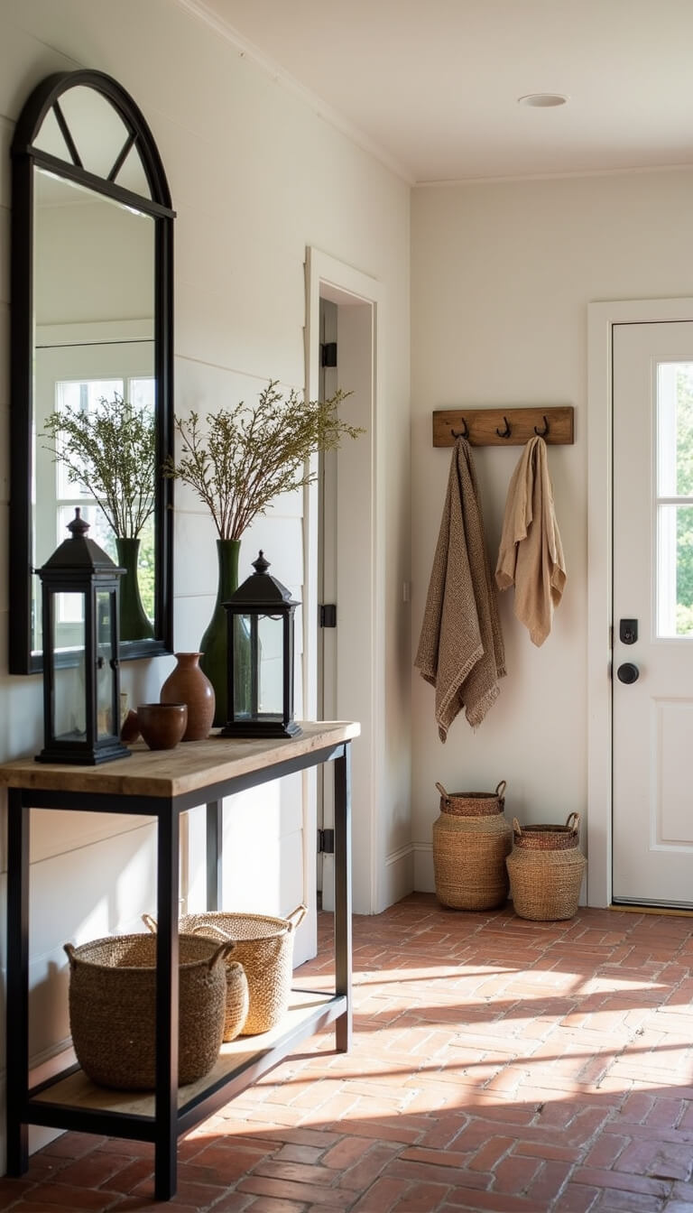 Entryway with herringbone brick floor, warm white shiplap walls, vintage oak console, iron lanterns, arched black-framed mirror, and antique coat rack with baskets and throws.