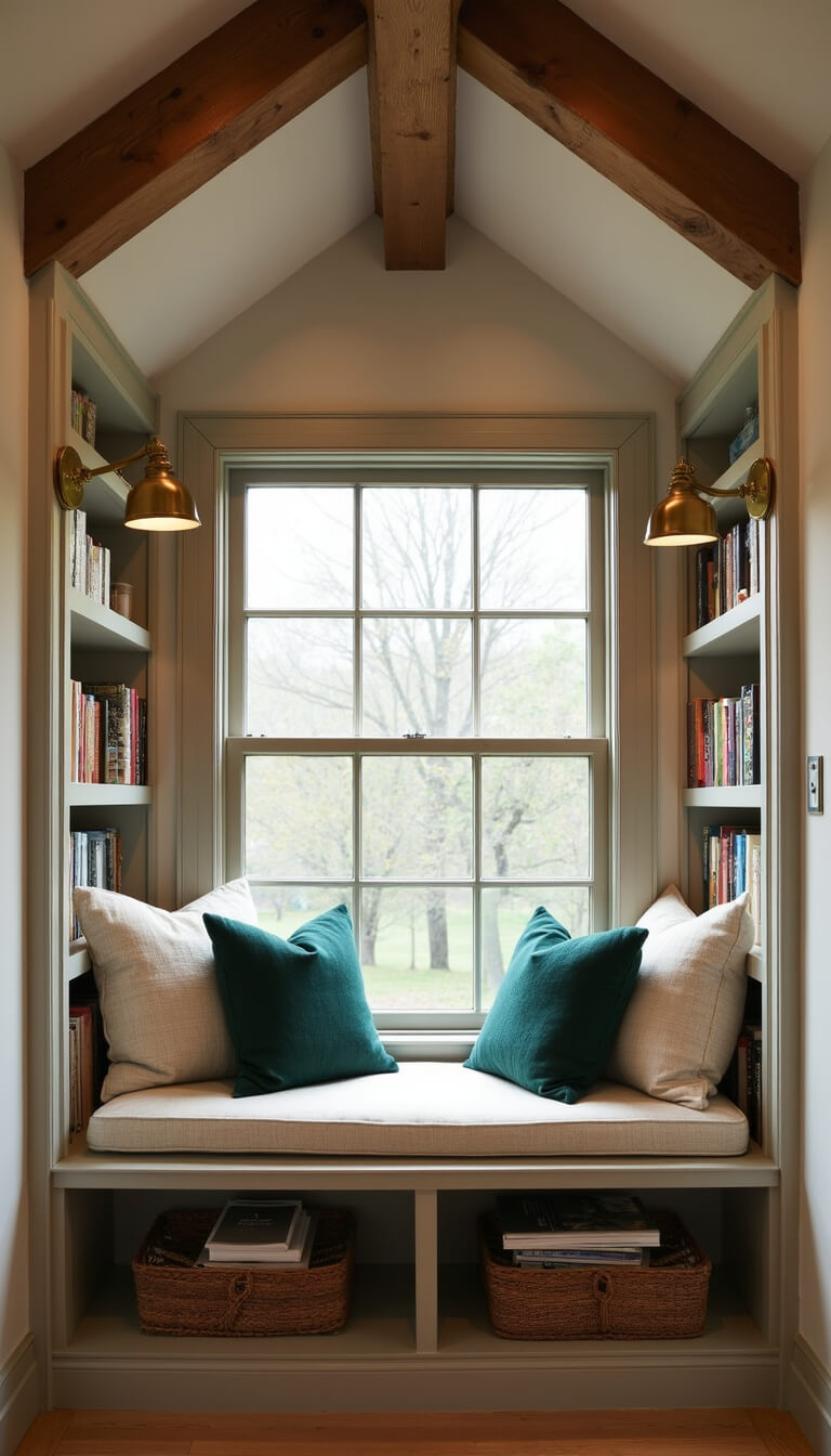 Cozy dormer reading nook with built-in distressed wood bench, linen cushions, wool throws, vintage book-filled shelves, brass sconces, and exposed beams.