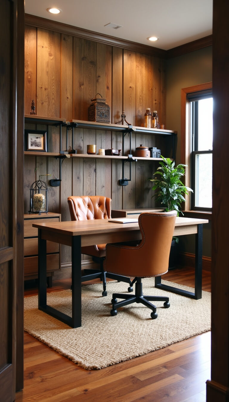 Rustic 12x14ft home office with reclaimed wood accent wall, large wooden desk, leather chair, industrial bookshelf, and jute rug over hardwood floors.