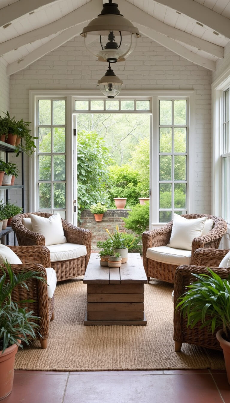 Sunroom with whitewashed brick walls, wicker chairs around wood coffee table, plants on metal shelves, and terra cotta tile flooring.