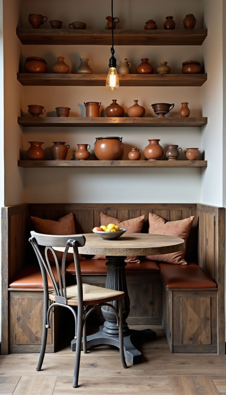Rustic 10x12ft dining nook with weathered wood banquette, leather cushions, round reclaimed oak table, vintage cafe chairs, industrial pendant light, and open shelves displaying earthenware and copper vessels.