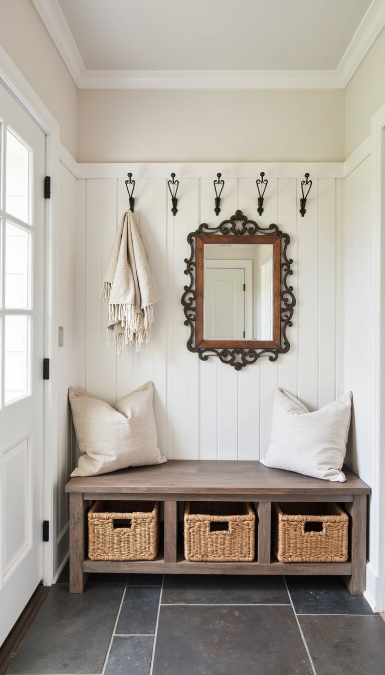 Mud room with slate floor, white board-and-batten walls, reclaimed wood bench with baskets, iron hooks holding vintage bags and throws, and antique copper-patina mirror reflecting soft light.