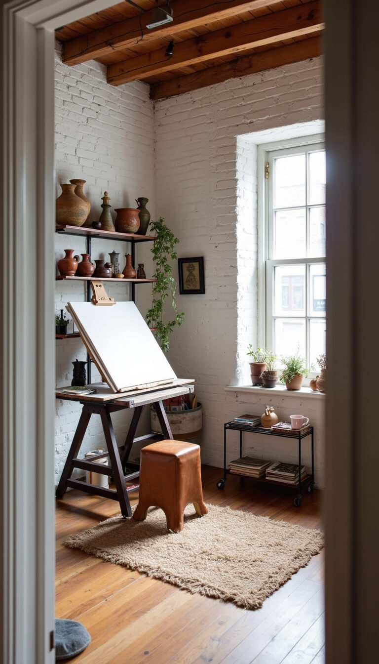 Artist's studio corner with white brick walls, exposed wooden ceiling beams, vintage drafting table, leather stool, industrial shelves holding pottery and copper art supplies, jute rug on pine floor, bathed in soft north-facing natural light.