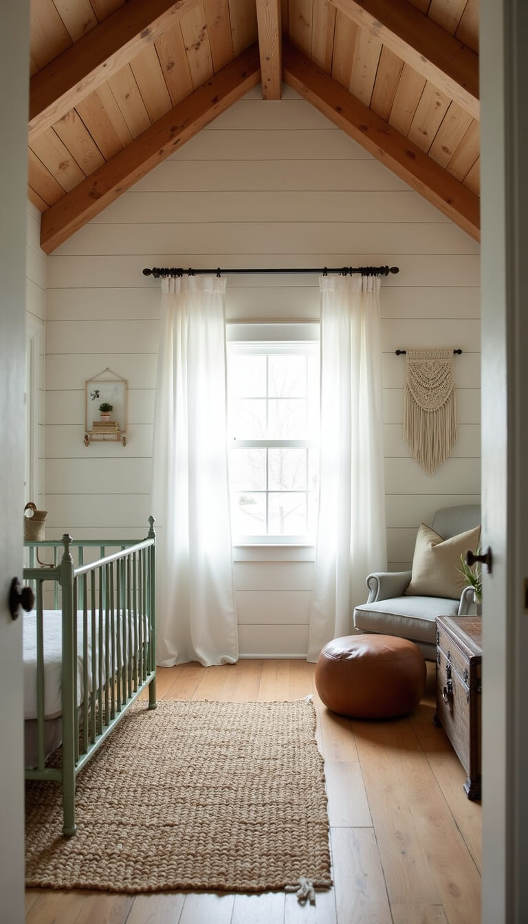 Barndominium nursery with vaulted ceiling, exposed wooden beams, vintage sage green crib, jute rug, leather pouf, and soft morning light filtering through sheer curtains.