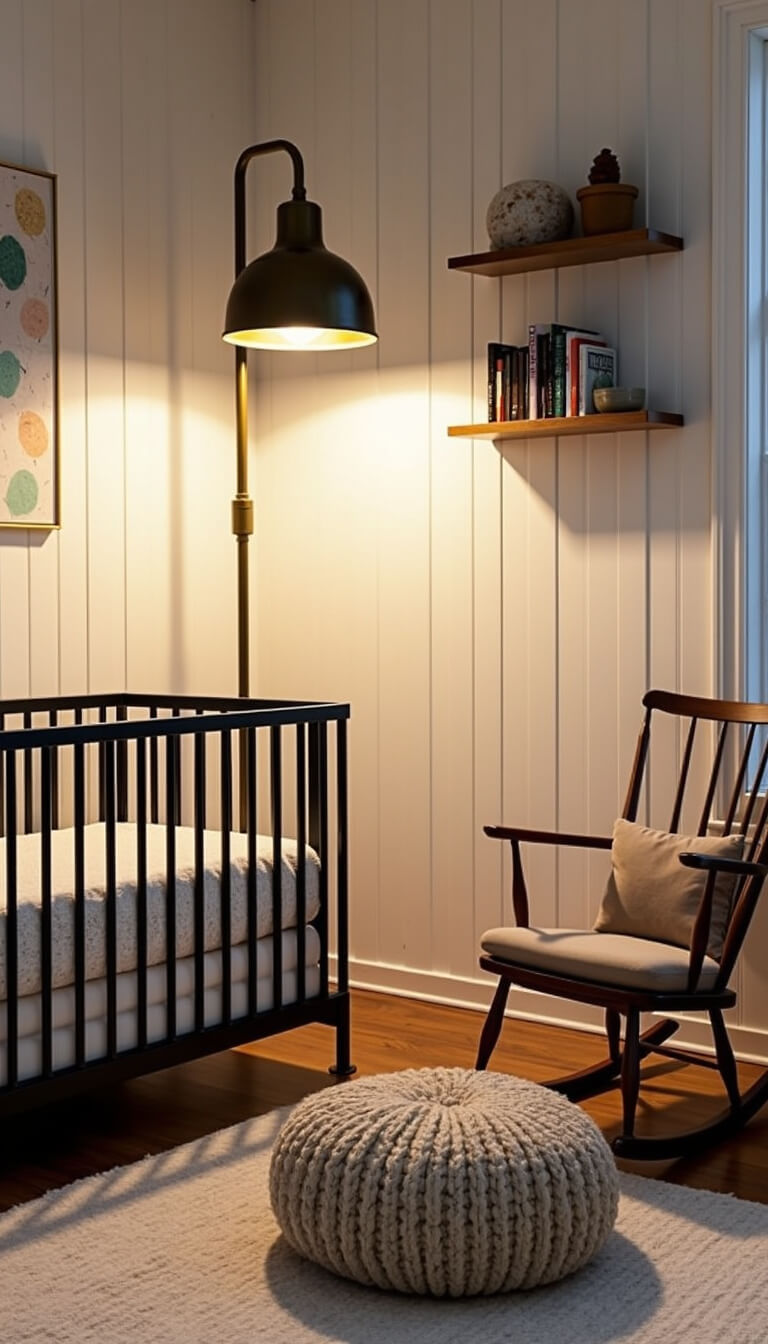 Moody dusk nursery with black metal crib, brass floor lamp, spindle rocking chair, and warm white board and batten walls.