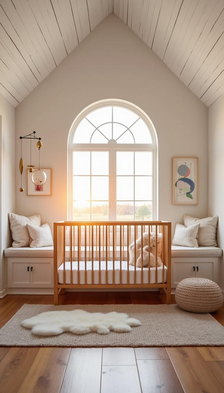 Sunset-lit nursery with arched window, white tongue-and-groove ceiling, modern wooden crib, built-in window seats, layered rugs, brass and glass mobile, abstract pastel art, and warm, ethereal lighting.
