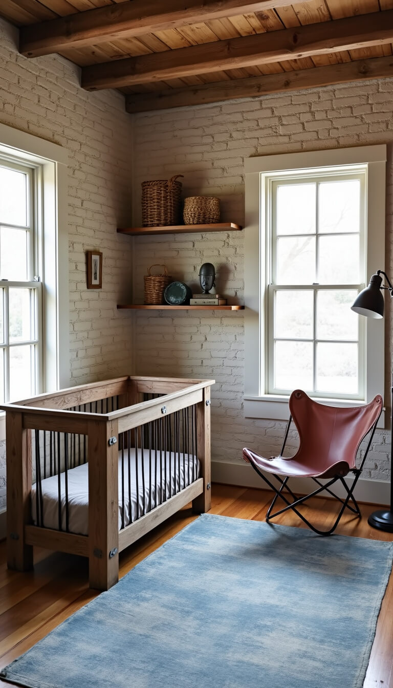 Rustic nursery with wooden crib against German schmear brick wall, vintage blue rug, leather butterfly chair, and open shelves in soft morning light.
