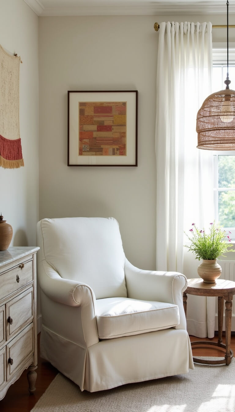 Bright nursery corner with linen rocker, vintage side table, distressed crib, layered quilt art, woven pendant light, and marble-topped dresser in soft neutral tones.