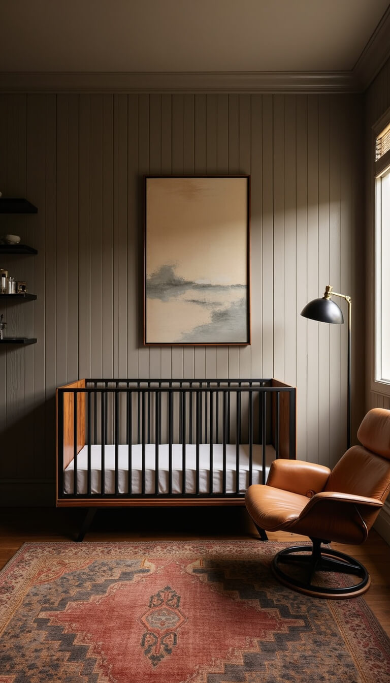 Modern nursery at dusk viewed from crib, featuring wooden crib with black accents, greige shiplap wall, abstract earth-tone art, layered vintage rugs, leather glider, brass lamp, and moody lighting.