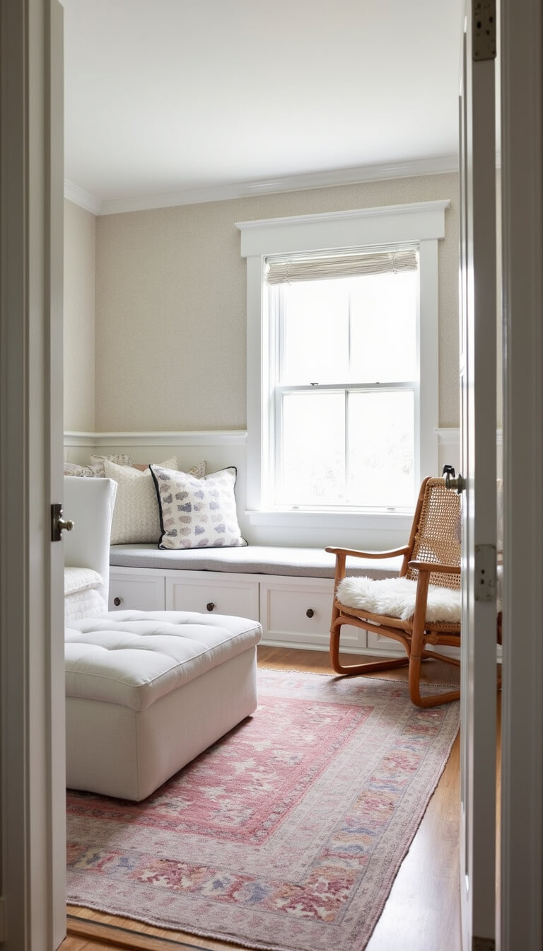 Bright nursery with acrylic crib, vintage kilim rug, rattan hanging chair, and built-in window seat in soft morning light.