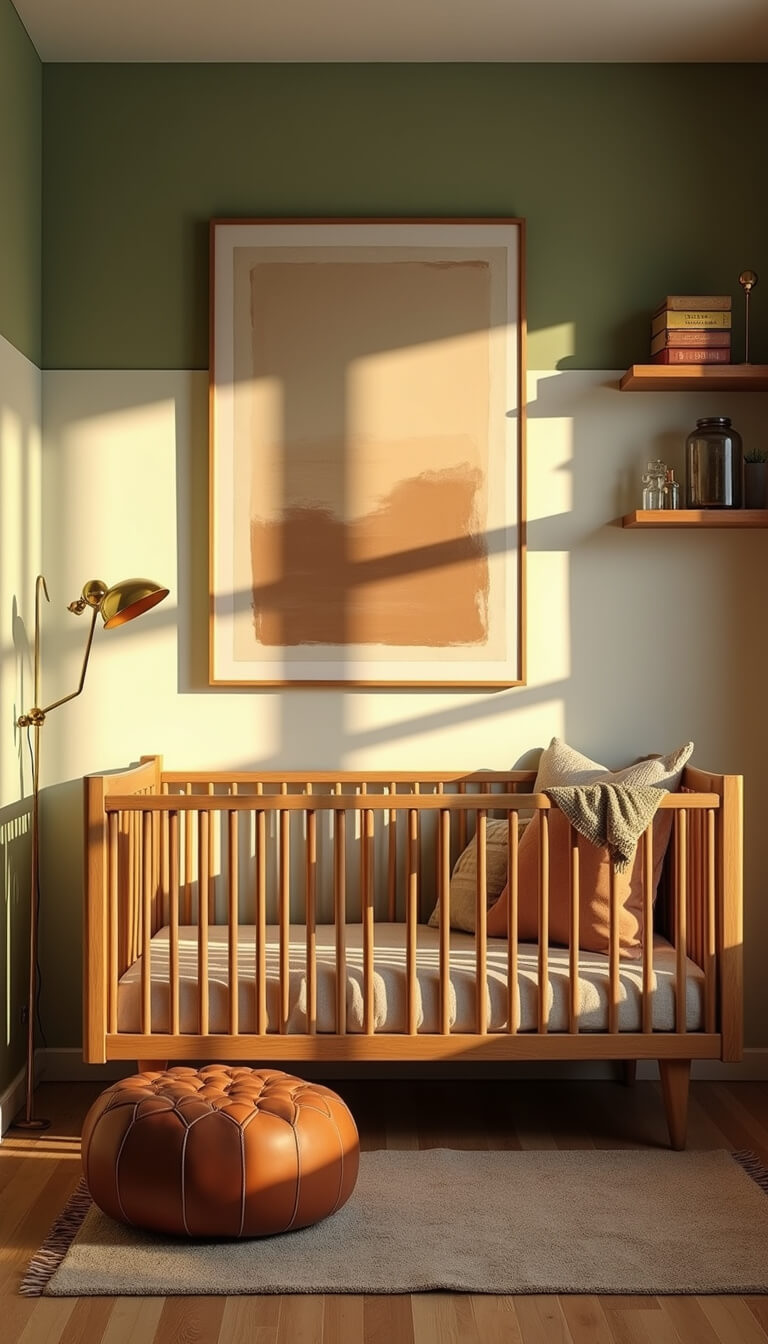 Golden hour-lit mid-century modern nursery with wooden crib, sage and cream color-blocked walls, earth-toned art, vintage runners, leather pouf, brass lamp, and styled open shelves.