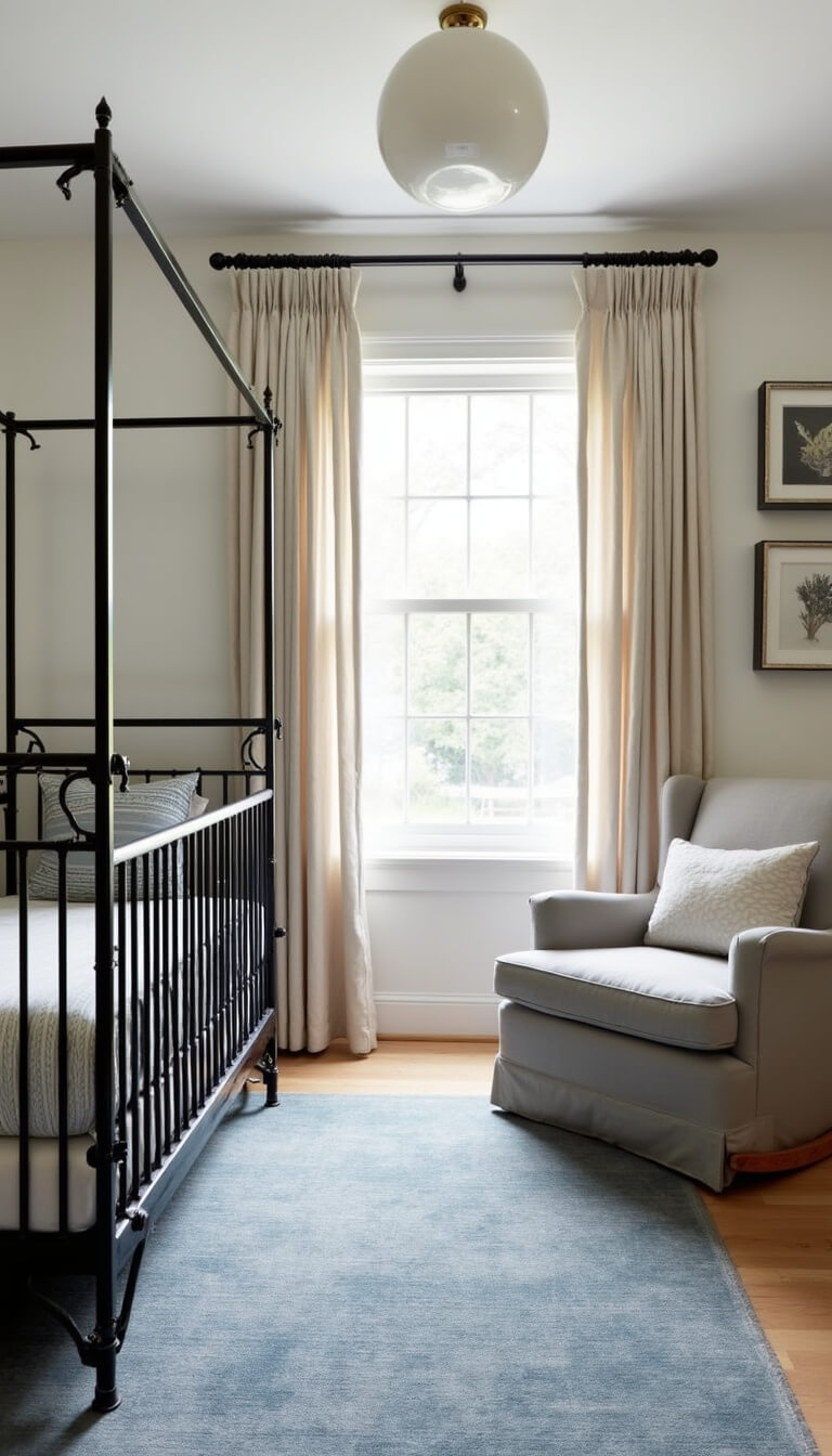 Bright nursery with iron canopy crib, organic bedding, natural linen curtains, overdyed blue rug, tweed rocker, and picture ledge gallery wall.