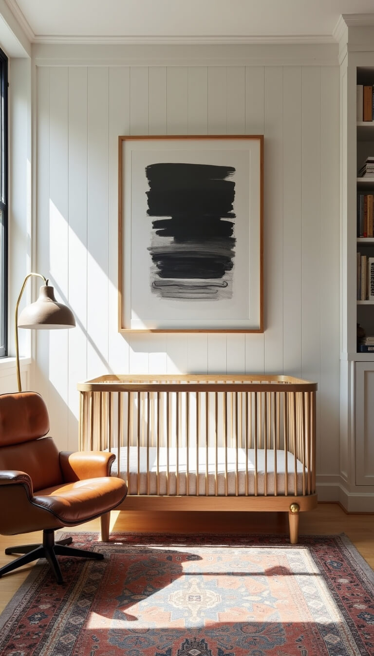 Modern nursery with wooden crib, brass accents, vintage rugs, leather chair, and soft morning light