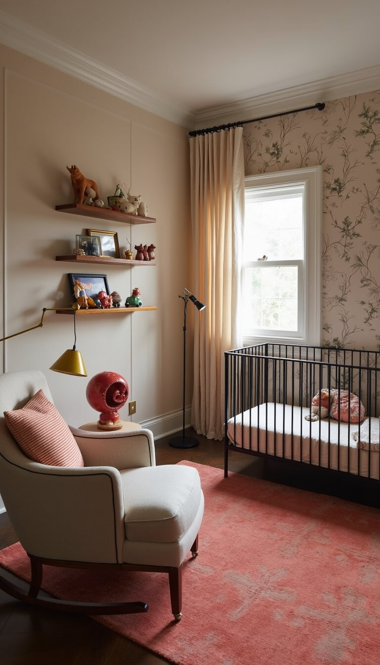 Moody twilight nursery with iron crib, botanical wallpaper, coral vintage rug, linen rocker, brass lamp, and floating shelves of vintage toys.