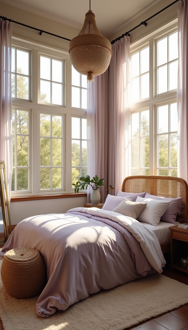 Sunlit bedroom with rattan bed, lavender curtains, macramé wall art, and vintage mirrors, captured from low angle with soft, dreamy lighting.