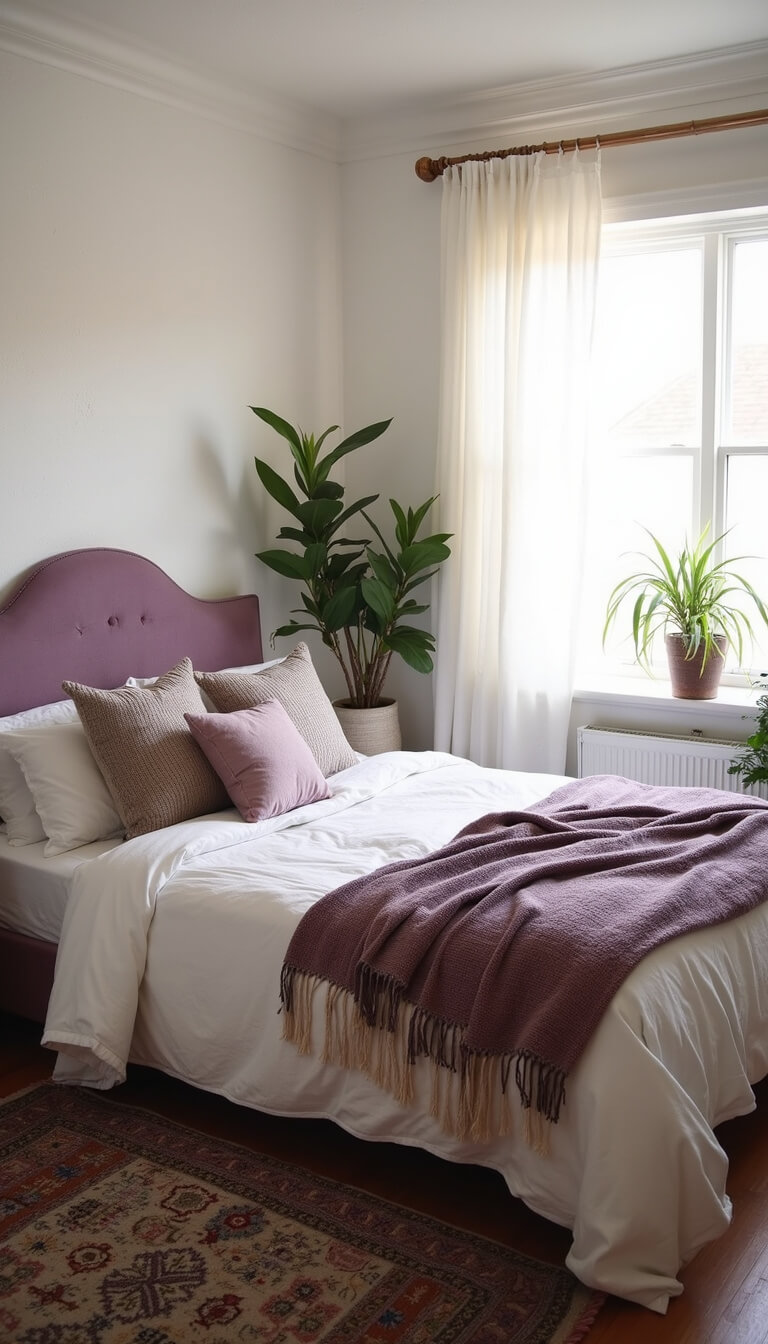 Boho bedroom bathed in intimate morning light with lavender accents, gauzy curtains, and layered textiles.