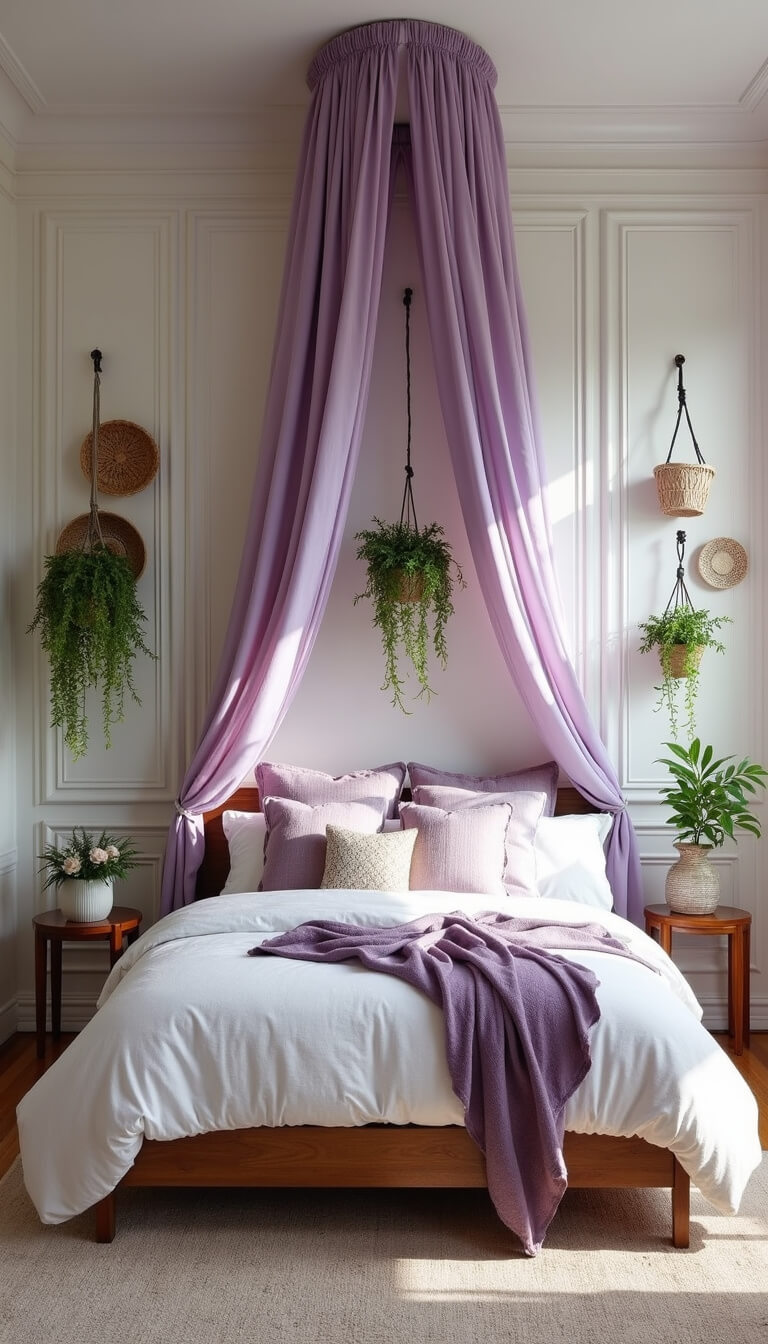 Late afternoon light fills a 16x18ft master bedroom with vintage moldings, lavender canopy over a low platform bed, macramé plant hangers, vintage mirror gallery wall, and earthy decor captured in a wide-angle, elevated shot.