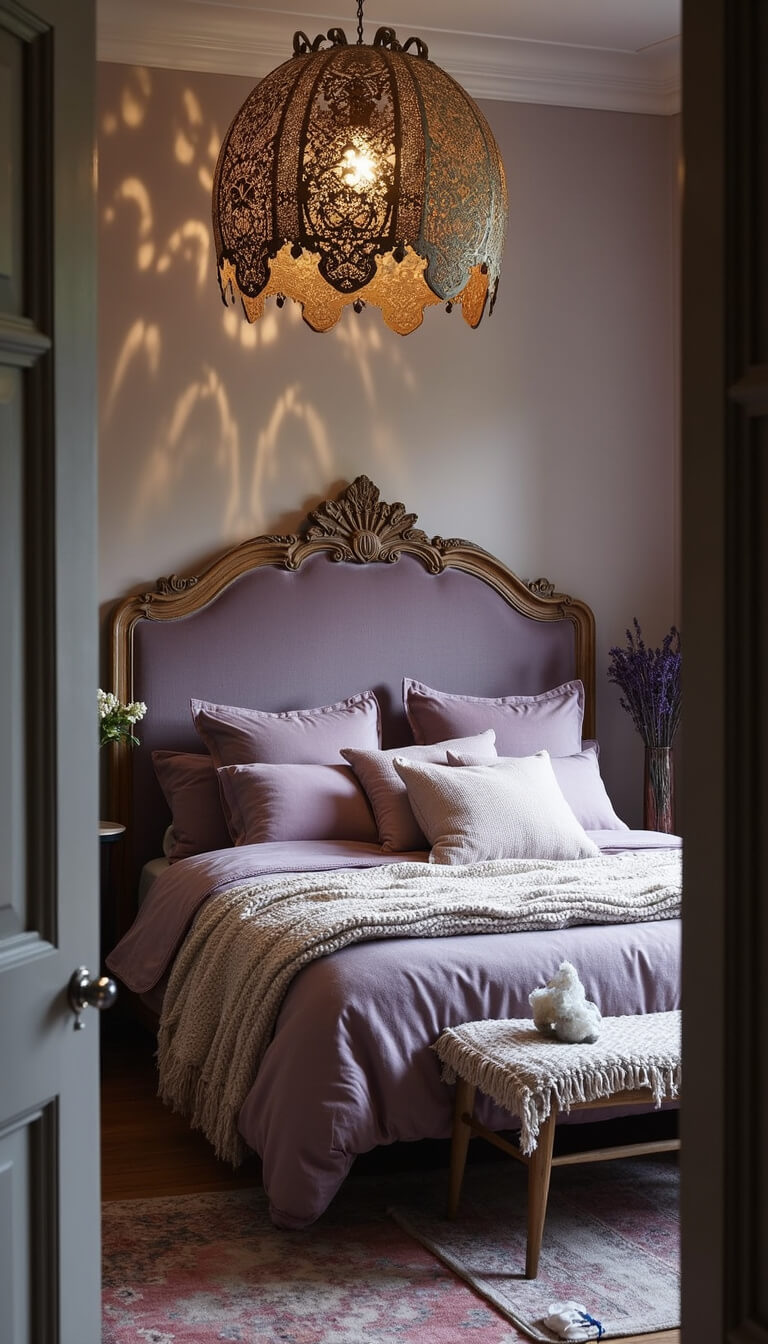 Bohemian-style 10x12ft bedroom with carved headboard, pendant light casting shadows, velvet bedding, textured throws, Berber rug, and natural decor like lavender bundles and crystals.