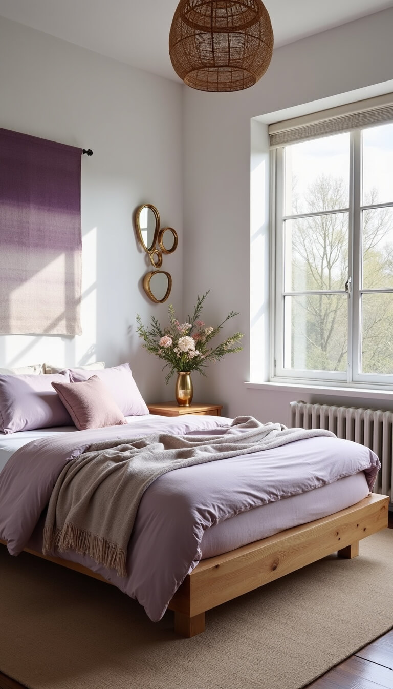 Corner bedroom with dual windows, soft morning light, white walls with lavender ombré wall hanging, natural linen bedding in purples, vintage quilts, rattan pendant light, and clustered brass mirrors reflecting light.
