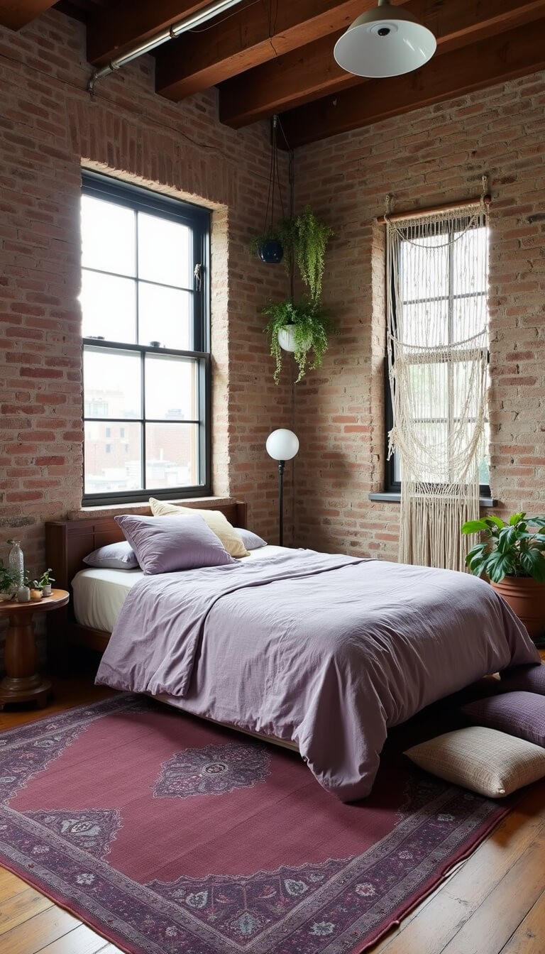 Loft bedroom with exposed brick walls, California king bed under industrial windows, lavender and cream linen bedding, vintage Persian rug, macramé room divider, meditation corner with floor cushions, and hanging plants.