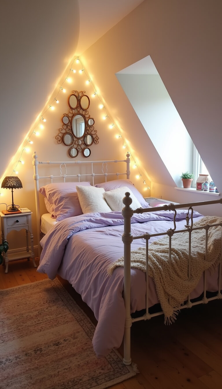 Cozy attic bedroom with slanted ceilings, white vintage bed frame, lavender and cream bedding, string lights, Moroccan wedding blanket, and vintage mirrors.