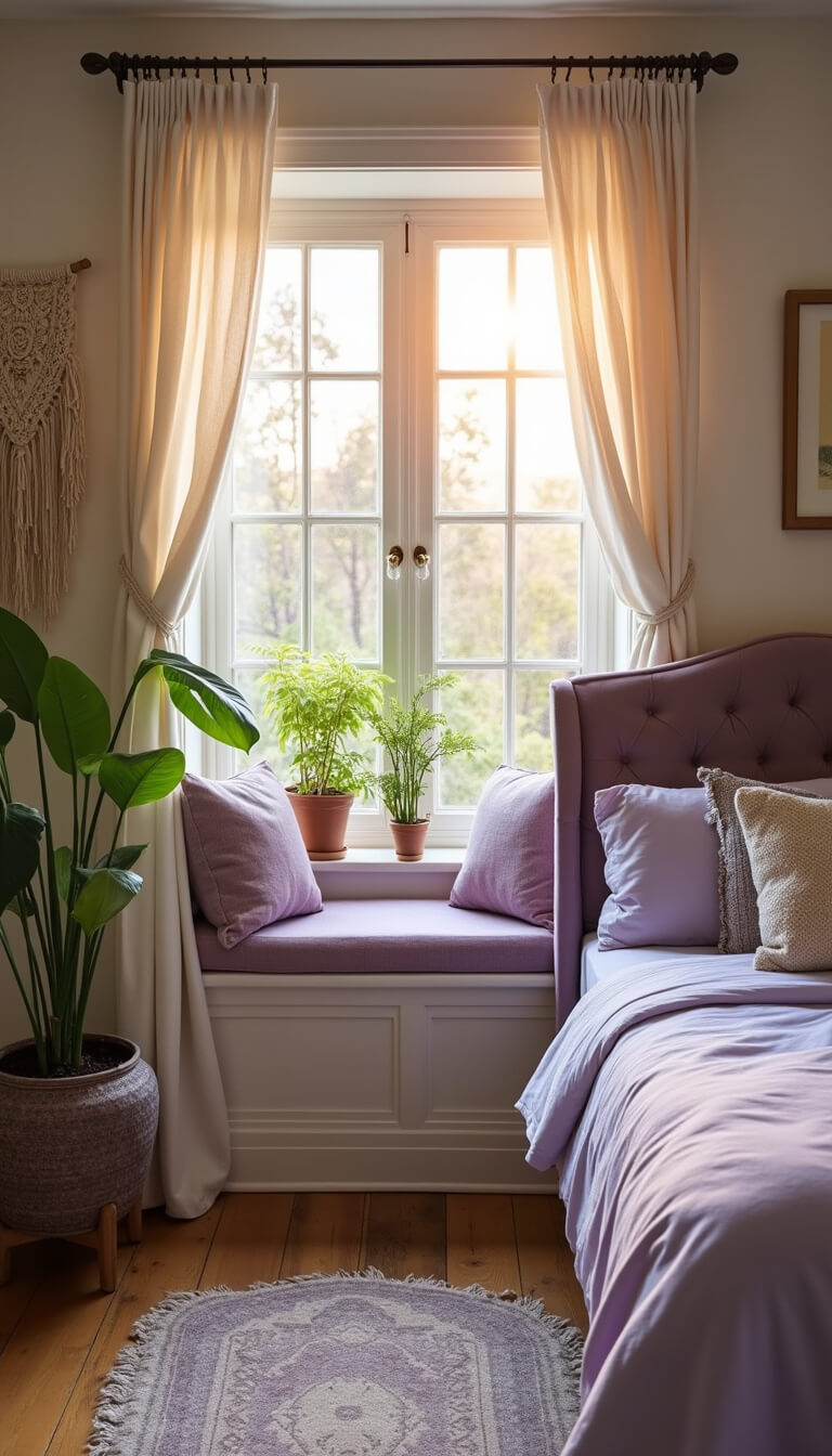 Cozy corner bedroom with lavender accents, bay window reading nook, tufted bed, layered vintage rugs, and soft golden morning light.