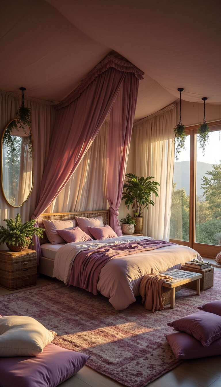Bohemian princess bedroom with tall canopy ceiling, purple and cream layered bedding, floor cushions, low tables, hanging plants, vintage brass mirrors, and golden hour lighting.