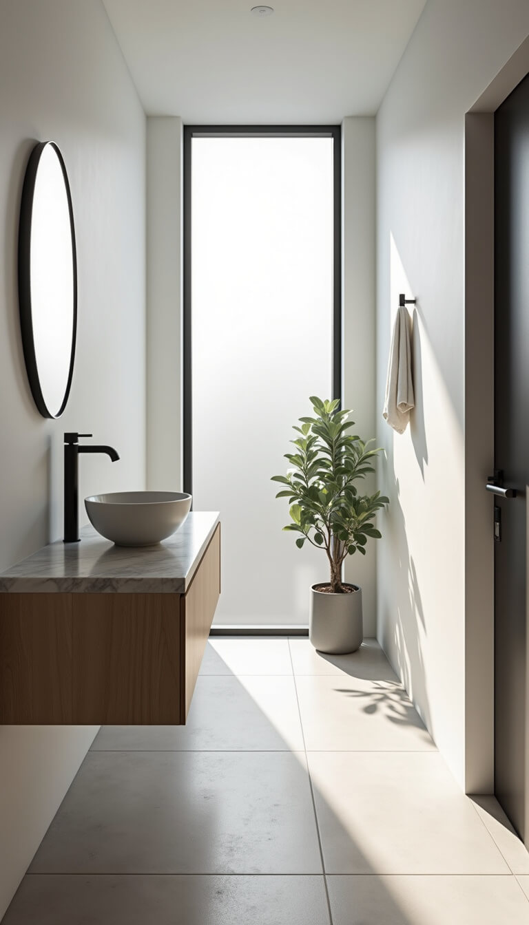 Minimalist 8x10ft bathroom with white oak vanity, marble countertop, vessel sink, and soft morning light streaming through frosted window.