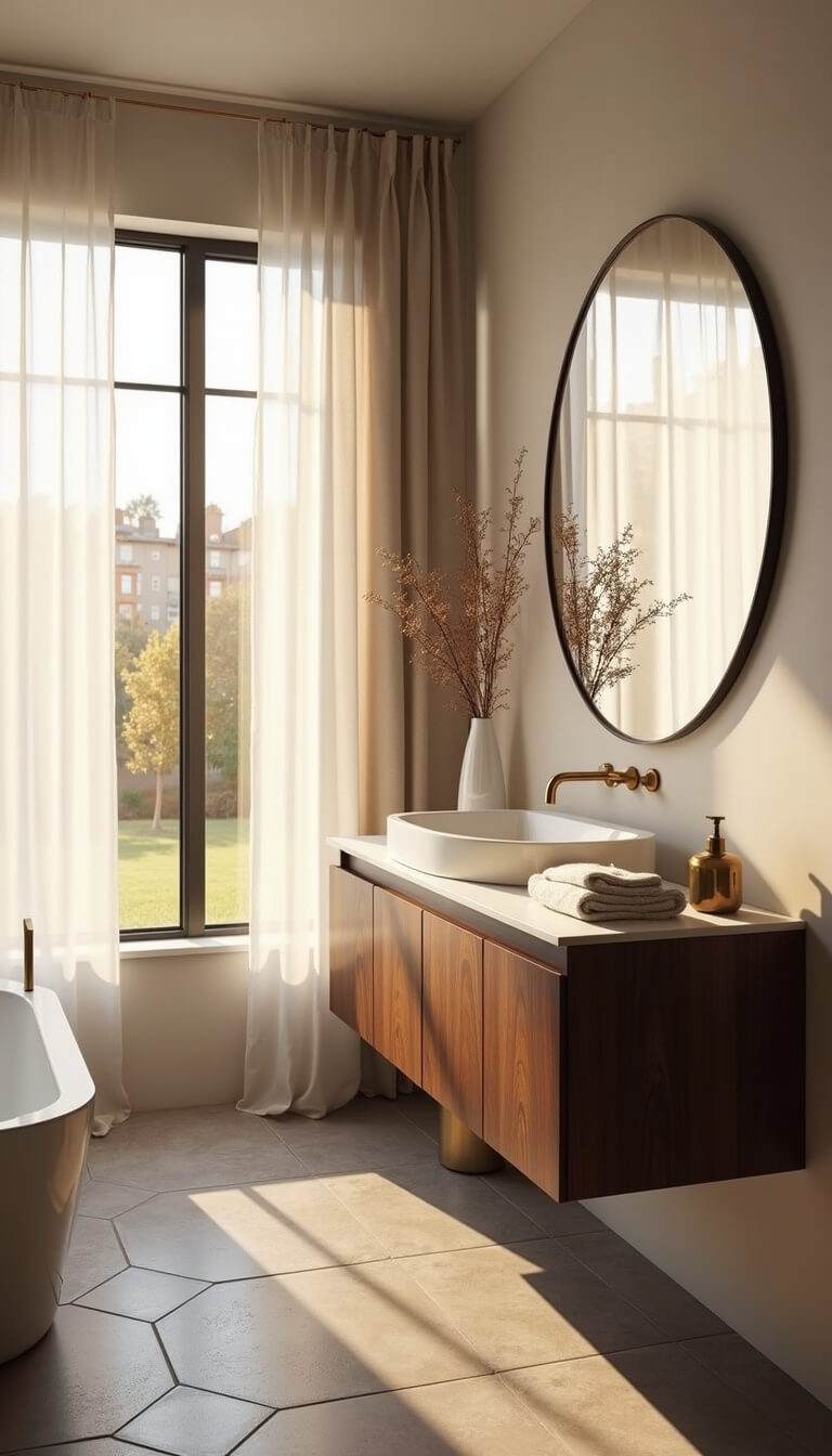 Modern bathroom with dark walnut floating vanity, ivory walls, brass-framed round mirror, geometric grey floor tiles, and golden light through sheer curtains.
