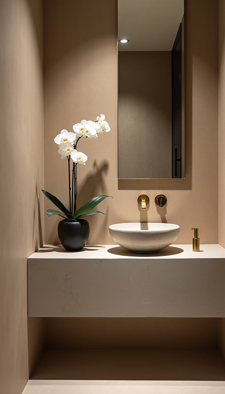 Close-up of concrete vanity against beige grasscloth wallpaper with brass fixtures and white orchid in black vase.