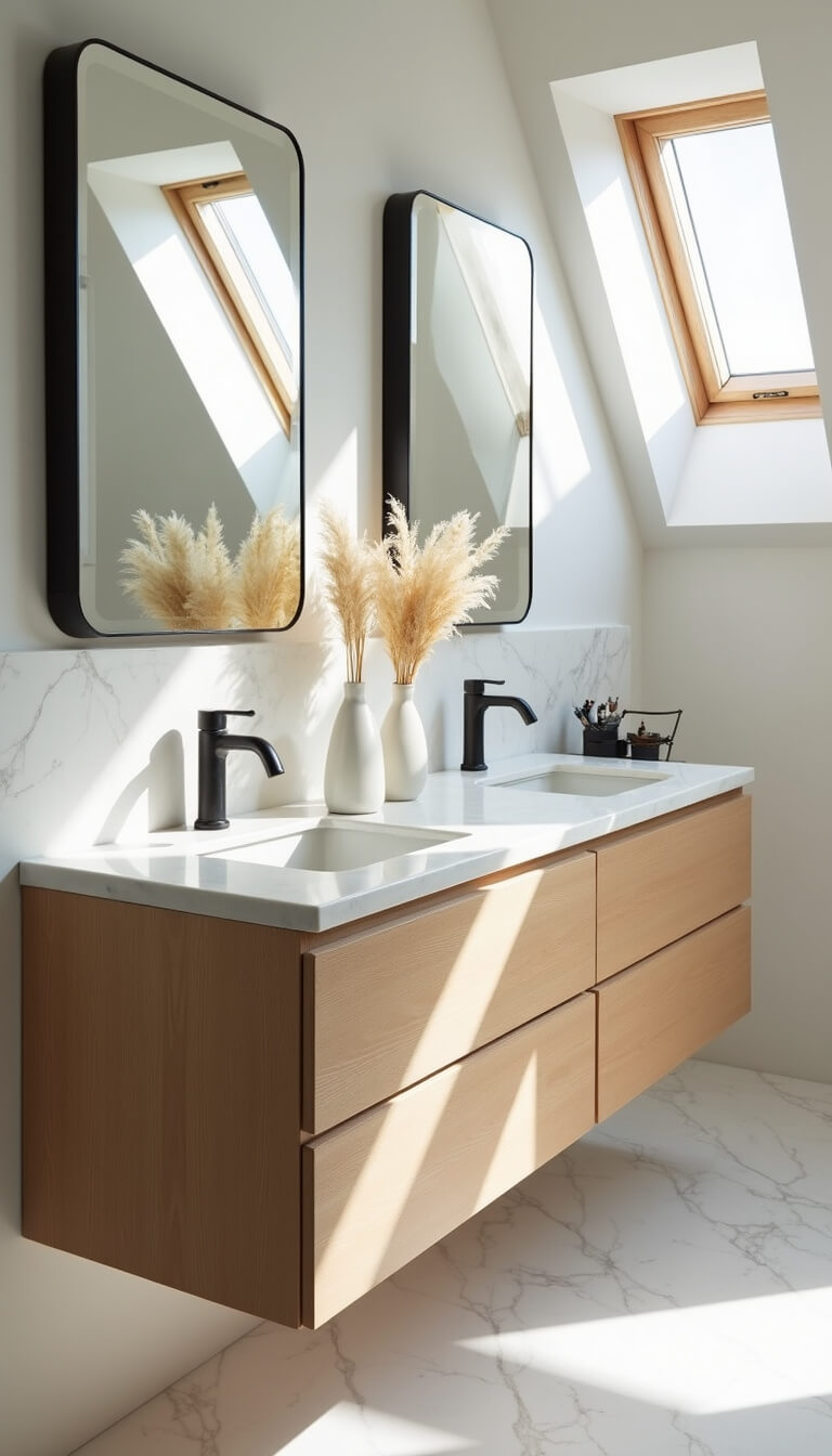 Light-filled master bathroom with double bleached oak floating vanity, white marble surfaces, matte black hardware, and symmetrical decor featuring white vases with pampas grass.
