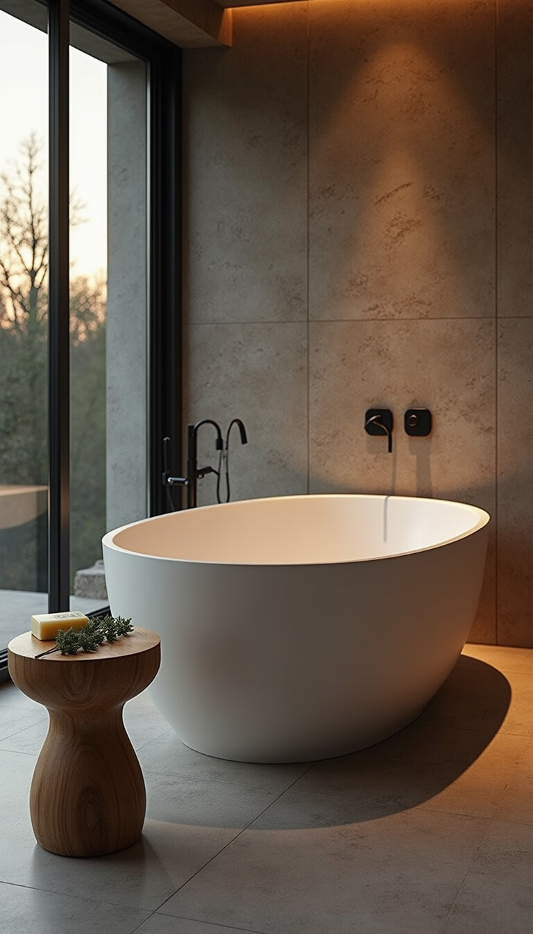Minimalist spa bathroom with freestanding oval tub, stone feature wall, and eucalyptus on wooden stool, lit by golden hour through floor-to-ceiling windows.