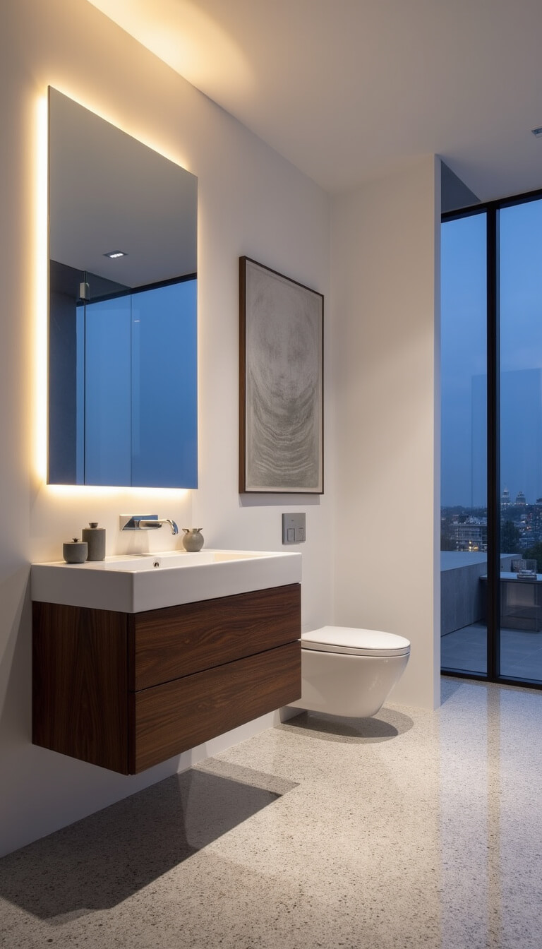 Contemporary bathroom with floating walnut vanity, ambient LED lighting, terrazzo flooring, muted artwork, and grey stone accessories during blue hour.