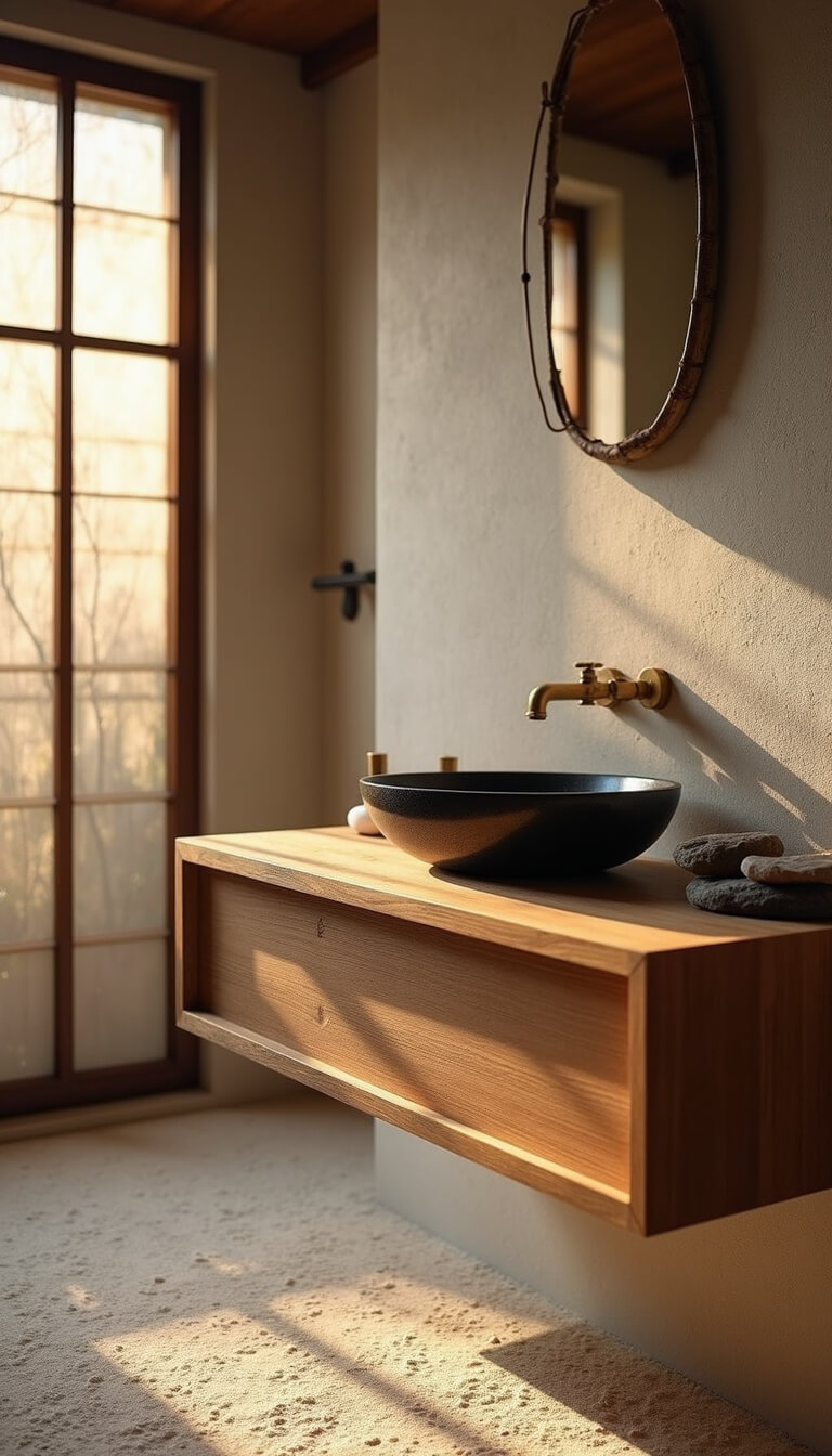Zen bathroom with bamboo vanity, black stone sink, brass fixtures, and rice paper window in morning light.