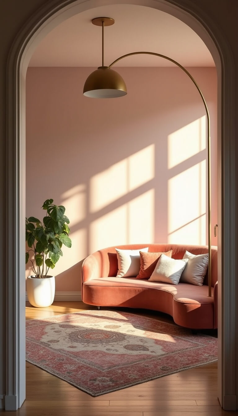 Sunlit living room with dusty rose curved velvet sofa, cream and copper pillows, vintage brass floor lamp, layered Persian rugs, blush pink accent wall, and fiddle leaf fig, bathed in golden hour light.