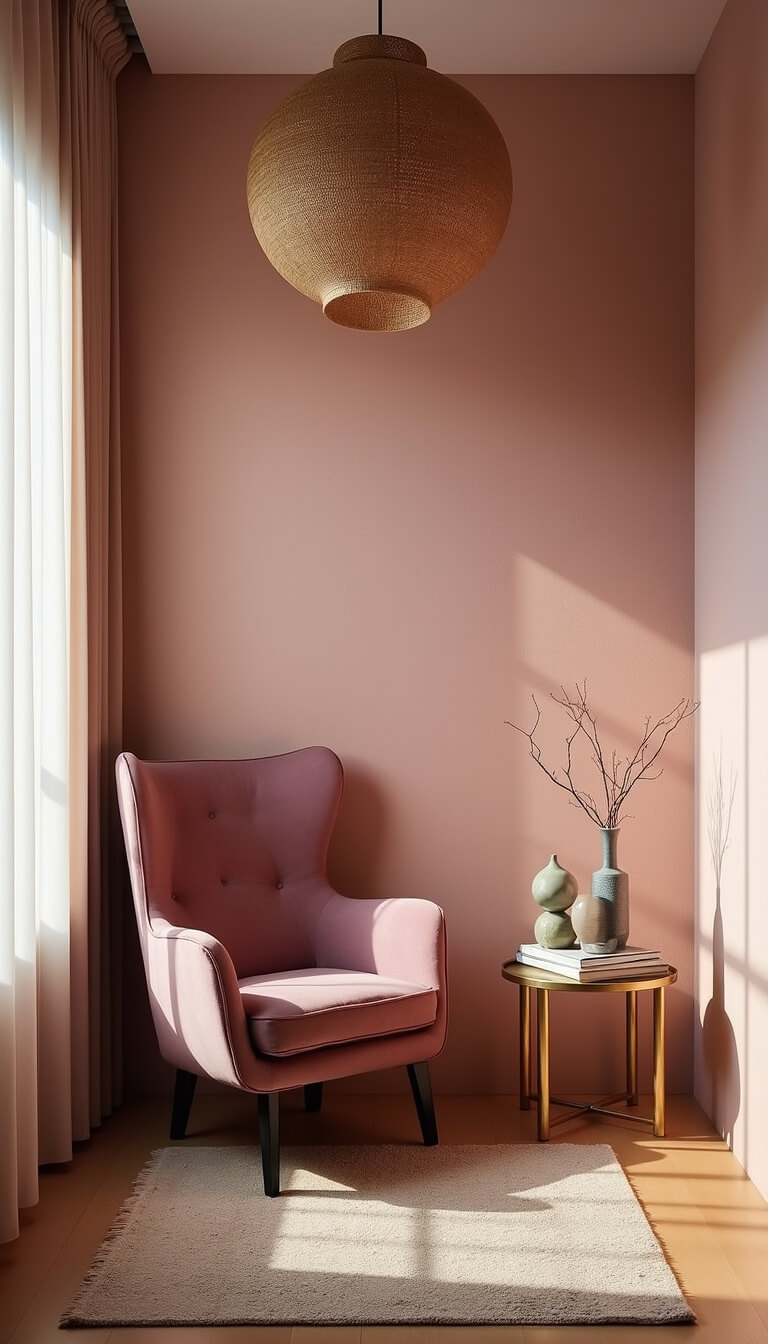 Cozy reading nook with mauve wingback chair, brass side table, and salmon pink wallpaper, lit by morning sun through sheer curtains.