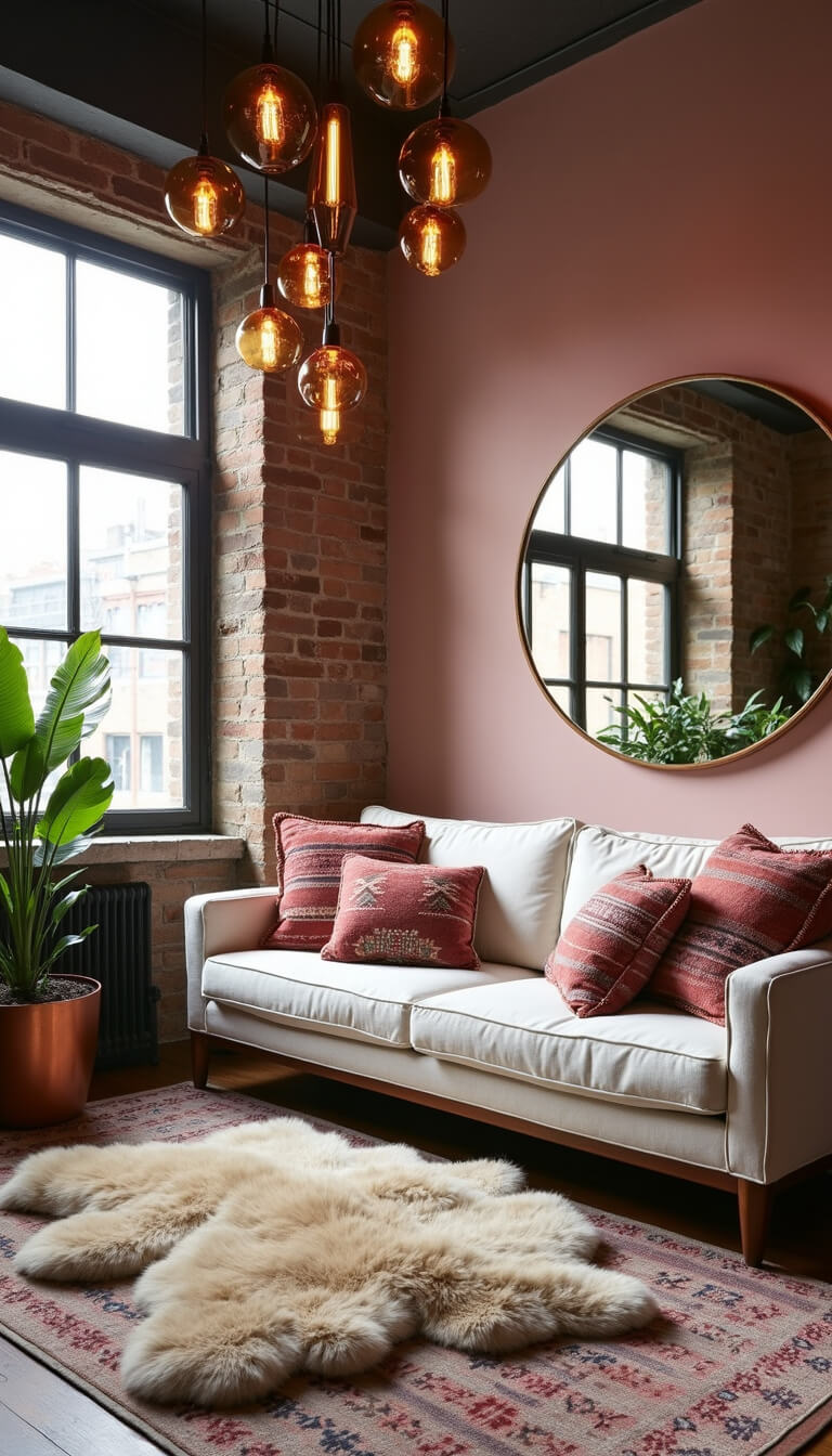 Open-concept living room with soft pink exposed brick, cream mid-century sofa, rose gold mirror wall, pendant lights, sheepskin throws, kilim pillows, and Monstera in copper planter.