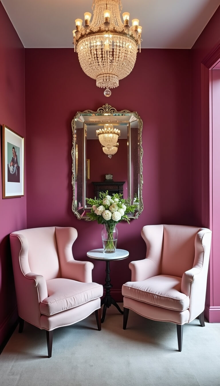 Cozy 14x16ft sitting room at dusk with matte fuchsia walls, crystal chandelier, blush velvet bergere chairs, marble drinks table, and vintage mercury glass mirrors.