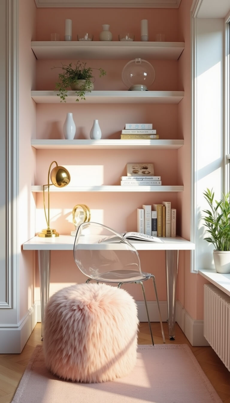 Pale pink home office with lucite desk, ghost chair, styled bookshelves, and morning light creating rainbow prisms.
