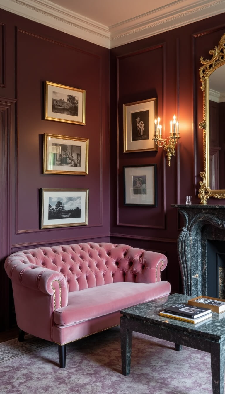 Formal living room at twilight with mauve walls, pink velvet chesterfield sofa, crystal sconces, gilt mirrors, marble fireplace, and black and white photo gallery.