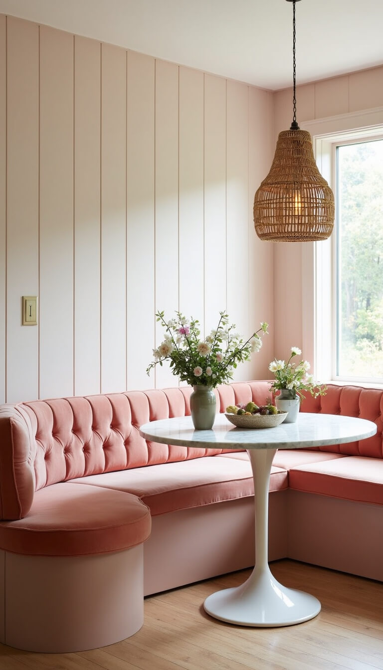 Sunlit breakfast nook with salmon pink banquette, marble table, and rattan pendant, against pale pink shiplap walls and white oak floors.