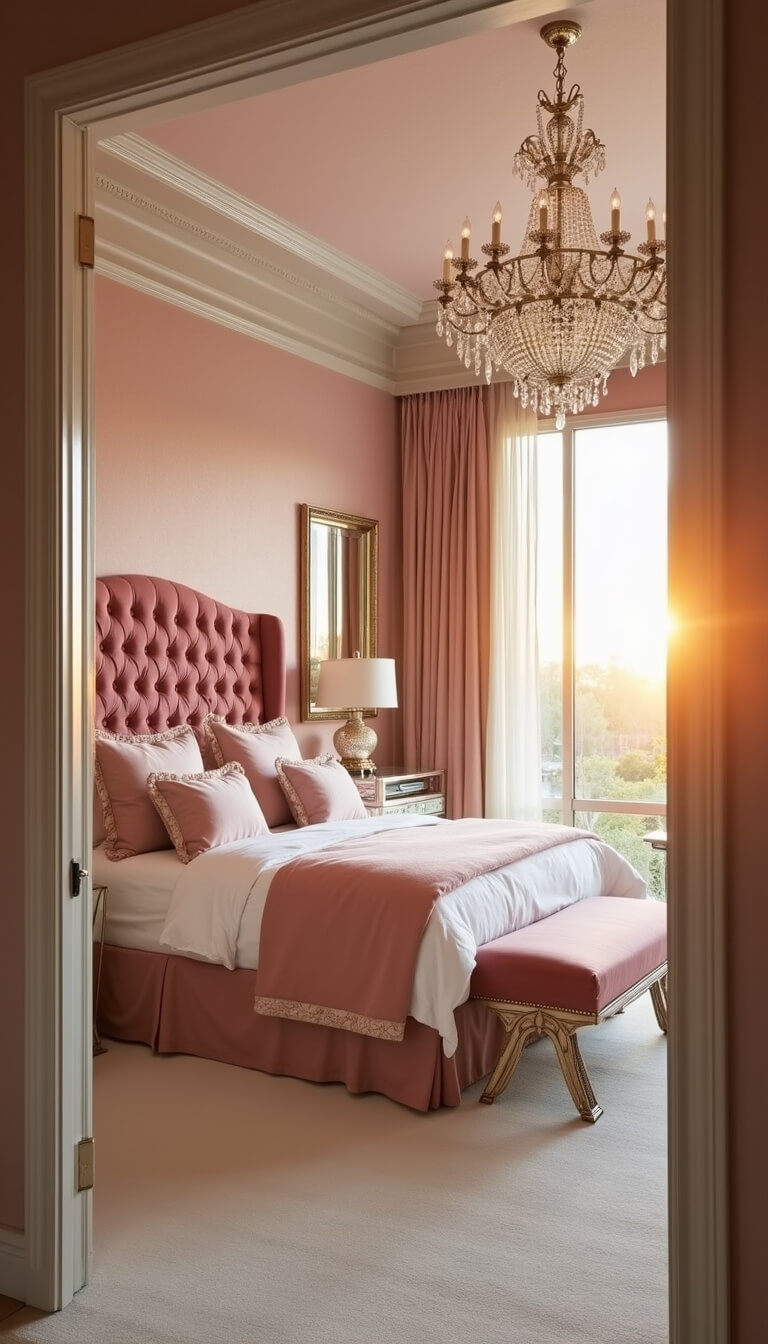 Elegant 20x24ft master suite at golden hour with blush grasscloth walls, ivory carpet, pink silk headboard on king bed, layered pink linens, crystal chandelier, mirrored nightstands, and sunset-filtered drapes.
