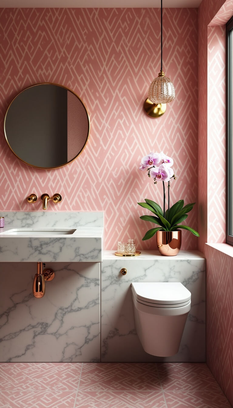 Powder room with bold pink geometric wallpaper, brass fixtures, floating marble vanity, round gilt mirror, and crystal sconces casting soft evening shadows; orchid in rose gold planter adds elegance.